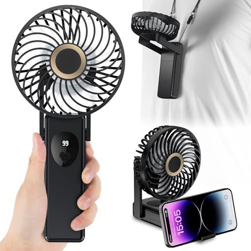 YiWeel USB Handheld Fan Battery Powered, 4000mAh Rechargeable Hand Held Fans with LED Digital Display, Portable Small Desk Fan Folding, Silent Electric Hand Fan Personal Travel Fan