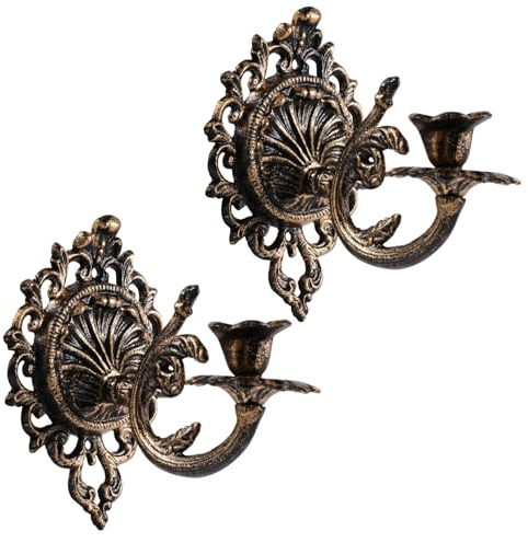 Polifish 2-Piece Antique Gold Cast Iron Candle Holder Set, Vintage Wall Candlestick for Living Room, Fireplace and Yard Decor