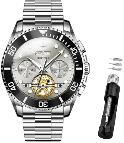 OUPINKE Herren-Automatikuhr, Skelett, mechanisch, selbstaufziehend, luxuriös, Chronograph, Kalender, leuchtende Uhr für Herren, 50 m wasserdicht, Saphirglas, 3229 Silberarmband, graues Zifferblatt,