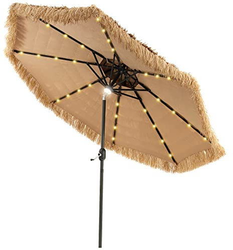 COSTWAY Sonnenschirm Hawaii 270 cm, Strohschirm mit LED-Solar-Beleuchtung und Doppeldach, Gartenschirm neigbar, Stroh Strandschirm, Marktschirm, Terrassenschirm für Garten, Balkon, Terrasse