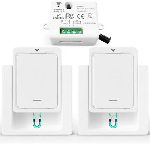 Tedeligo Kit interruttore wireless Vai e va Mini trasmettitore radio Interruttore wireless 433 MHz Portata 150 metri Interruttore wireless mobile da 2200 Watt (2 Interruttori 1 ricevitore)