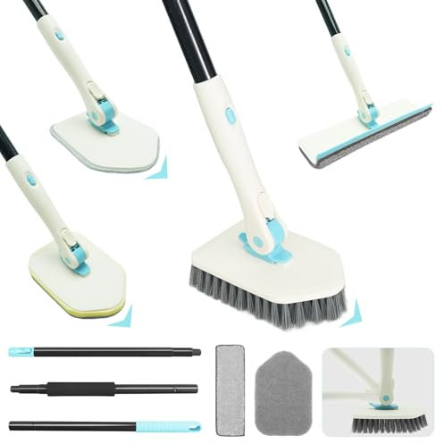 HOVIBU Cepillo Limpieza Ducha con Mango Largo, 180 °Rotación Limpieza de Baño, Cepillo Limpieza Hogar con Cepillo Cerdas Duras, Cepillo de Esponja y Almohadilla de Microfibra, para Limpiar Baño