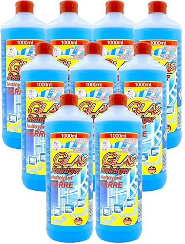 9x 1 Liter Glas Reiniger - und Oberflächenreiniger - Professioneller Fensterreiniger für streifenfreien Glanz auf Glas, Bad, Auto, Spiegel, Kacheln, Fenster und anderen Oberflächen