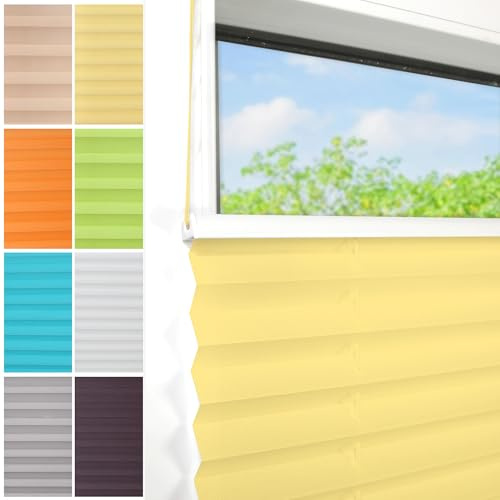 Plissee Ohne Bohren klemmfix,55x130cm（BxH,Gelb,Easyfix Faltrollo mit Klemmträger, Klemmfix ohne Bohren, Lichtschutz, Verschpannt