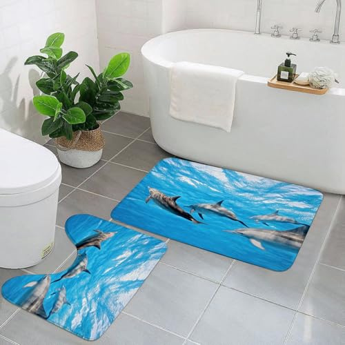 AELKSP Badezimmerteppich Set 2 Teilig, Delphin, unter Wasser von Delfinen, glücklich schwimmendes Meerestierlebensbild, rutschfest Waschbar Badvorleger, Saugfähig Badematte
