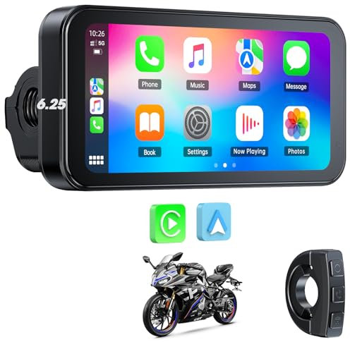 HOTPEAK Motorcycle CarPlay Screen,Wireless CarPlay & Android Auto 6.25 Portable Car Stereo for Motorbike with IP67 Waterproof Touchscreen, Bluetooth,Navigation,Siri/G00gle Assistant, Remote Control