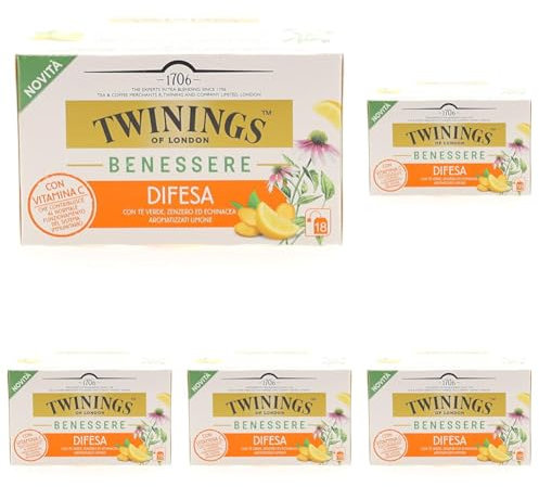 Twinings, Benessere Difesa, Tè Verde, Zenzero ed Echinacea Aromatizzati al Limone, con Vitamina C per il Benessere Immunitario, 1 Confezioni da 18 Filtri (Confezione da 5)