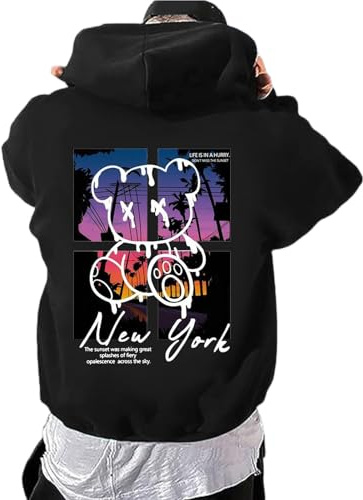 Zofedap Kapuzenpullover Herren Oversize Backprint Hoodie Hoody Sweatshirt mit Kapuze Langarmshirt Bären Muster Kapuzenjacke Streetwear Y2K Sweatjacke Männer - Life is A Hurry，Dont Miss THE Sunset