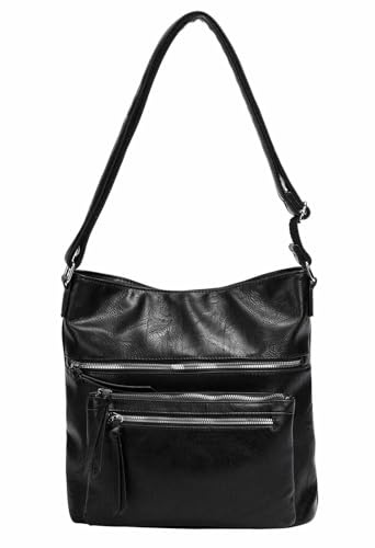 Damen Tasche Umhängetasche Crossbody Shopper Schultertasche Hobo Bag Beuteltasche Crossover Handtasche City Bag Henkeltasche Reise Leder Optik Schwarz