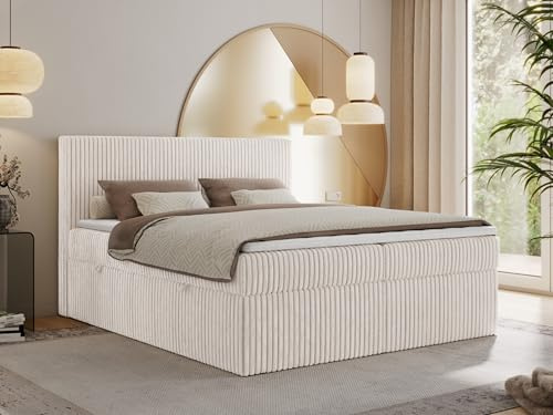 MKS MEBLE Boxspringbett 140x200 Beige Cord, Boxspringbett mit Matratze H3 + Topper T25, Bett mit Bettkasten and Kopfteil, Doppelbett mit Stauraum Polsterbett - Tiliano