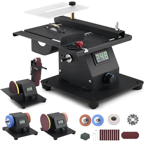 Mini sega circolare da tavolo 4 in 1, 350 W, con indicatore di voltaggio LED, levigatrice a nastro regolabile da 0 a 90°, con 10 nastri abrasivi, doppia smerigliatrice, dispositivo multifunzione con