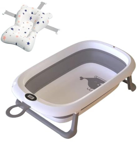 Bañera Bebé Plegable Portatil con Termómetro Integrado, Diseño Ergonómico, Cojín Antideslizante y Tapa de Seguridad (Verde sin cojín)