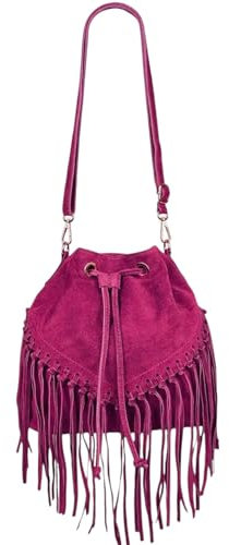 Modarno Borsa a Secchiello in Pelle Scamosciata con Frange 26x13x26 cm (Fucsia)