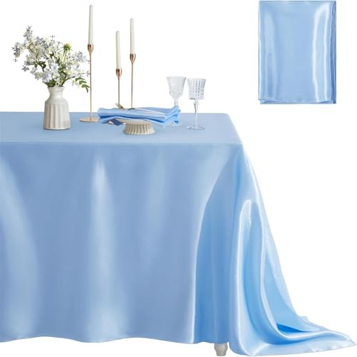 Highdi Nappe Rectangulaire en Satin Tissu, Nappe de Table Exterieur Jardin pour Fête Mariages Hôtel Banquet Evénement Célébrations (60 * 84 Pouces,Bleu Ciel)