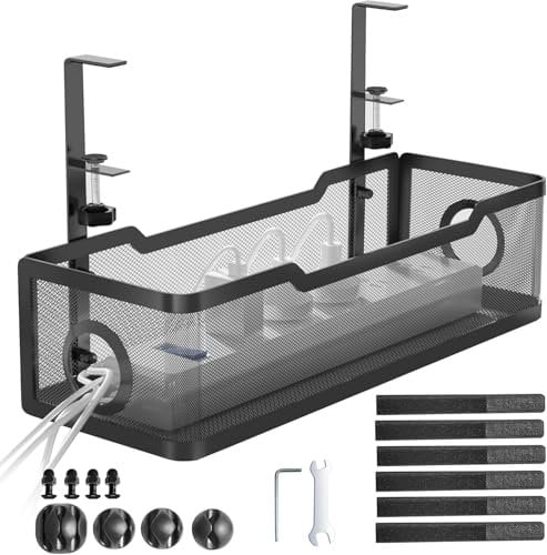 Under Desk Cable Management Tray Black - Cable Tray with Clamp for Wire Management for Office, Home - No Damage to Desk