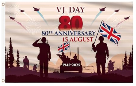 AhfuLife Lot de 4 grands drapeaux VJ Day 80e anniversaire 2025, 91 x 152 cm, 80 ans, décorations souvenirs, drapeau 80 ans de victoire au Japon RAF 1945-2025 UK WW2 WWII Décorations (VJ Day – 4 pièces
