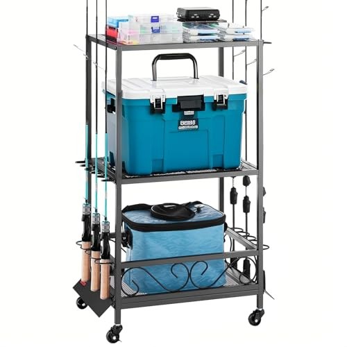 VEVOR Angelrutenhalter für 10 Angelruten, rollbarer Rutenständer aus legierter Stahl für die Organisation und Lagerung, platzsparende Bodenständer Angelausrüstung, Geschenke für Angelfreunde