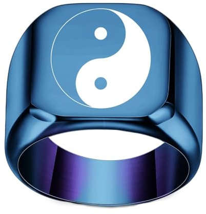 Calefee Ring Schlicht Herren Eheringe, Edelstahlringe Damen Personalisiert Breit 18 mm Blaues Quadratisches Siegelring Yin Yang, Größe 67