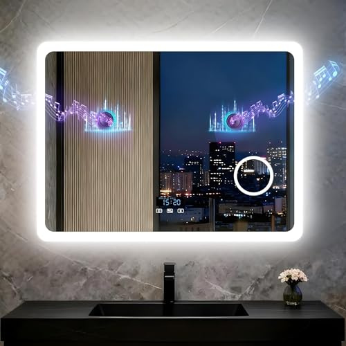 LUVODI Badspiegel mit Beleuchtung Bluetooth: 80x60cm Led Spiegel mit 3-Fach Schminkspiegel und Uhr, 3 Lichtfarbe Einstellbare Badezimmerspiegel Beschlagfrei Speicherfunktion, Wandspiegel