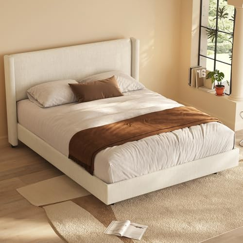 Guyii Modern Bed Frame with Wingback Headboard, 160 x 200CM, Queen Size Bed Frame with 9 Support Legs, Noise-Free, No Box Spring Required