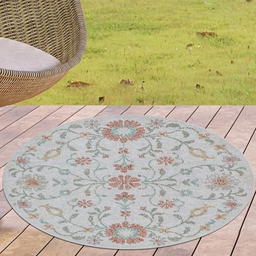CARPETIA Outdoor Teppich mit floralem Farbdesign wetterbeständig robust für Balkon Terrasse Garten und Wohnbereiche farbintensiv pflegeleicht harmonische Töne 120 cm Rund