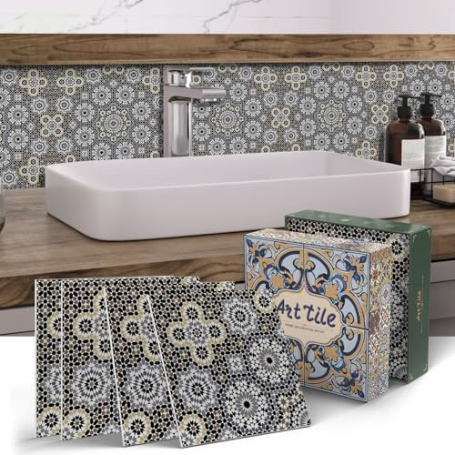 WCANSucess 12Pcs Tile Stickers Moroccan Style Tile Stickers Peel and Stick Vinyl Waterproof Wall Tiles for Kitchen Bathroom Decoration (15x15cm, ART-505)