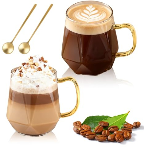LOOFORE Latte Macchiato Gläser mit Griffen und Löffel, 350ml, Set 2-teilig | Kaffeegläser, BPA-frei, aus Borosilikatglas, Temperaturbeständig von -20 °C bis 150 °C, für heiße und kalte Getränke