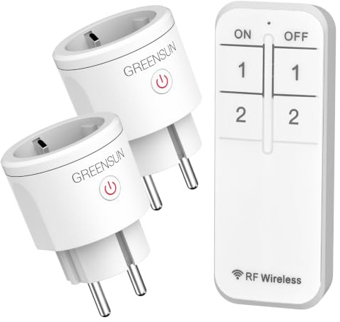 GreenSun Funksteckdosen Set 2er mit Fernbedienung 30M Reichweite 3680W | Steckdose mit Fernbedienung, 2 separat steuerbar, 3680W, 16A, für Lampen und Geräte, einfache Installation, CE/RoHS