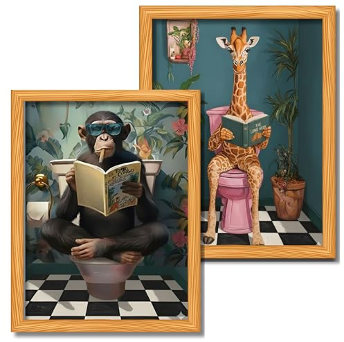 Générique Poster Décoratif Drôle pour Salle de Bain, 2 Pièces, Animaux WC Singe Girafe, 20x30cm, Sans Cadre