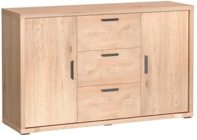 Masseno Kommode BRESSO 139 cm Sideboard mit 3 Schubladen und 2 Türen für Wohnzimmer Schlafzimmer Modern 139x40,5x86 cm Eichefarben