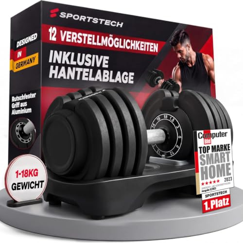 Sportstech Ironmate verstellbare Hantel 18/24/40kg | Kurzhantel mit 12-16 | Gewichtsstufen Schnellverstellung, Hantelablage | Krafttraining Zuhause, rutschfest, platzsparend, Sicherheitsverriegelung