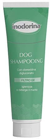 Inodorina, Shampoo für Hunde, Shampoo alle Felltypen, Desinfiziert und Reinigt das Fell, Verleiht Weichheit und Glanz, mit Chlorhexidin-Degluconat und Glycerin, mit UV-Filter, ohne Parabene, 250 ml