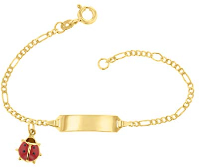 JC Schmuck 585 Gold Baby ID-Armband Kinder Goldarmband 14 cm mit Marienkäfer Anhänger rot I Figaro Armband mit Gravur Taufarmband Gold Namensarmband I Kinderschmuck made in Germany I 5.5305224