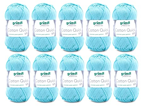 Gründl Wolle Cotton Quick uni - Wolle zum Häkeln aus 100 % Baumwolle - Wolle zum Stricken - glänzendes Baumwollgarn 10 Knäuel 50 g / 125 m - Babyblau