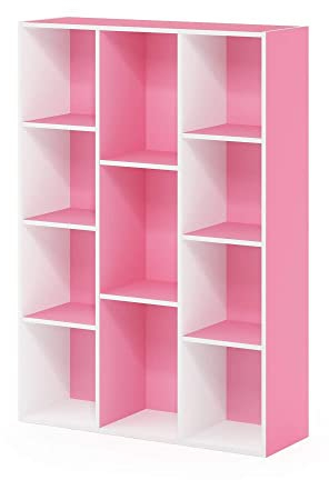 Furinno Luder 11-Cube Wende-Bücherregal mit offenem Regal, Weiß/Rosa