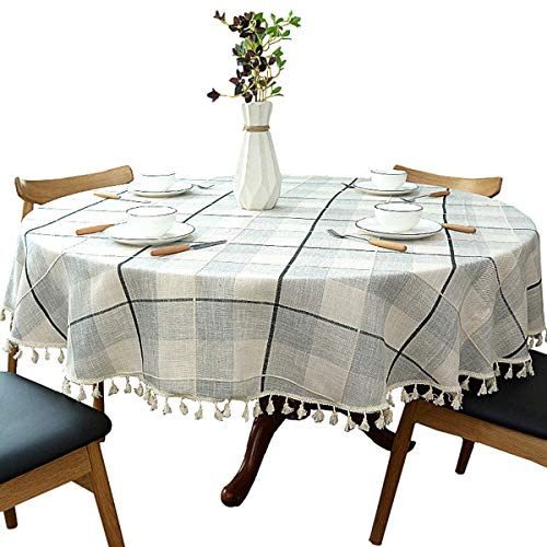 schwere Baumwolle Leinen Tischdecke, rund, kariert, Quaste, für Küche Esszimmer Tischdekorationen, Durchmesser - 180cm, graues Plaid
