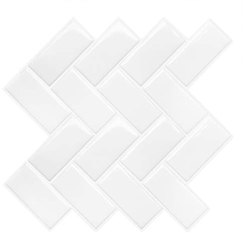 Peel and Stick Backsplash Fliese, Fischgrätenmuster, dekorative Wandfliesen-Aufkleber, 3D selbstklebend für Küche Badezimmer Wäsche, reinweiß, 30,5 x 30,5 cm, 10 Blatt