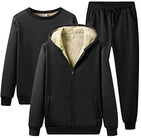 Jamron Uomo Taglie Forti 3 Pezzi Invernale Tuta da Ginnastica in Pile Tuta Sportiva da Jogging Nero L