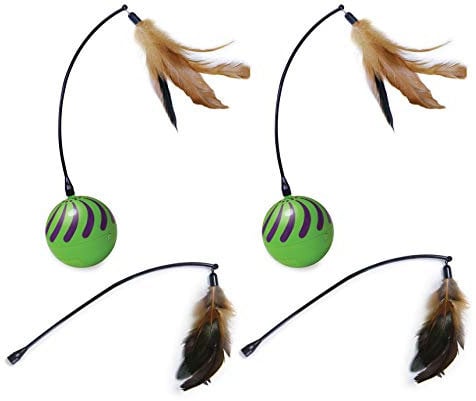 SmartKat (2 Count) Feather Whirl Electronic Motion Wand Cat Toys, Includes (2) Extra Wands, Battery Powered - Green, 2 Count
