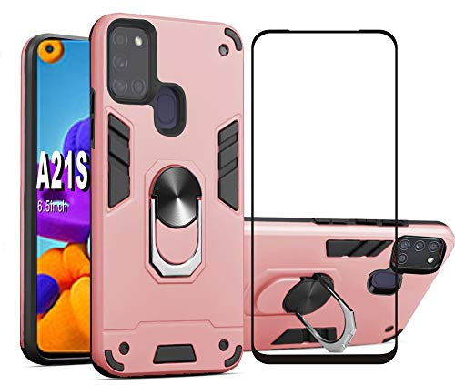 Folmecket Samsung Galaxy A21S Coque téléphone Portable 6,5 Or Rose | Folmecket Samsung Galaxy A21S Coque téléphone Portable Film Protection Rotatif à 360 degrés Anneau métal Absorption TPU