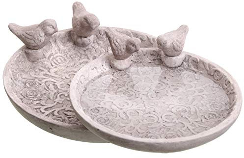 mucHome Vogeltränke mit Rosenornamenten und Zwei Vögeln Durchmesser ca.24cm Beton Grau Vogelbad Wasserschale Dekotränke