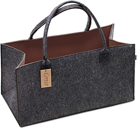 G'FELT Filztasche Premium – als hochwertige Einkaufstasche, schicke Freizeit-Tasche oder Badetasche, Zeitungskorb, Filzkorb, Einkaufskorb, stabile Kaminholztasche - zweifarbig Grau (Anthrazit), Braun