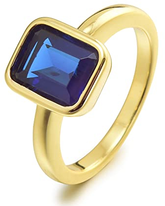 Rizilia CELEBOX Solitär Verlobung Ringe mit Smaragd Schliff Edelstein Zirkonia CZ [Blau Saphir] in 18K Gelbgold Vergoldet, Berühmtheit inspiriert von Angelina Jolie