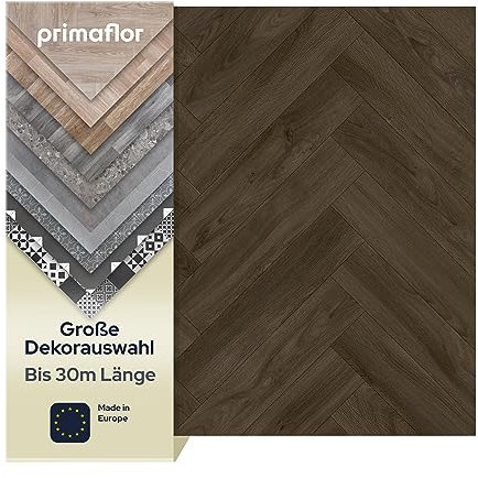 Primaflor PVC Bodenbelag Meterware TURVO - Eiche Dunkel Fischgrätenmuster, 2,00m x 3,50m, Vinyl-Boden in Holzoptik für Küche, Wohn- und Badezimmer, Hochwertige Auslegware, Anti-Rutsch Oberfläche