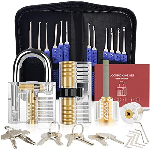 Diyife Kit de Crochetage Bleu Serrure 36 Pièces - 4 Serrure Transparente, Lock Picking Kit Outils de D’entraînement, Poignée en Silicone Confortable, pour Serruriers Débutant et Professionnel