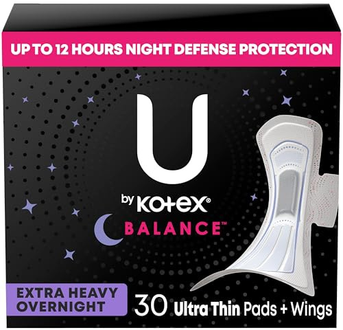 U by Kotex Balance Pads with Wings, Ultra Thin, Overnight, Extra Heavy Absorbency, 30 Count (Packaging May Vary)