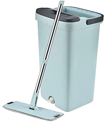 KOKSI Flaches Mopp- und Quetsch-Eimer-Set für Putzen, trockene und nasse Reinigung – ideal für Fliesen, Laminat, Hartholzböden – langer Griff, einfach zu bedienen mit Mikrofaser