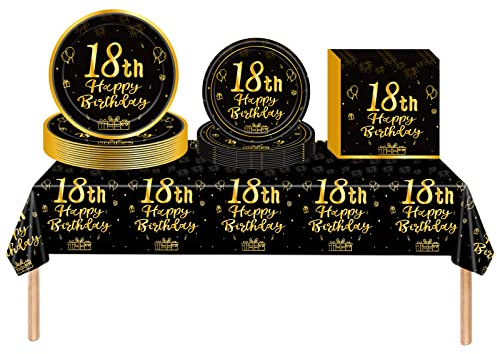 53Pcs Black Gold Happy 18th Birthday Party Tableware Plastic Table Cloth,7,9inch Paper Plates,Napkins for Boy Birthday Table Decorations Disposable Party Tableware Set for Boys Men Birthday Party