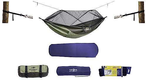 AMAZONAS Thermo Set | Set aus Ultra Light Hängematte Moskito Traveller Thremo, Isomatte und T-Strap | bis 200 kg | Grün