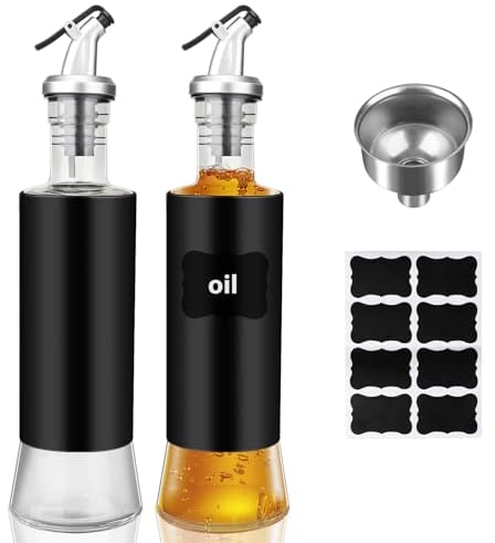 Essig und Ölspender 300 ml, 2 Stück Öl Essig Set Öl Karaffe Ölkanne Küche Olivenöl Flasche mit Ausgießer/Etikett/Trichter, Edelstahl Sichtbare Cruet Essig Öl Dispenser Flasche für Öl/Essig